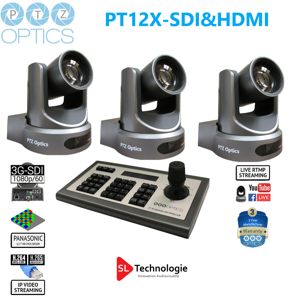 Pack caméras Tourelle PT12X SDI & HDMI PTZoptics + Contrôleur IP